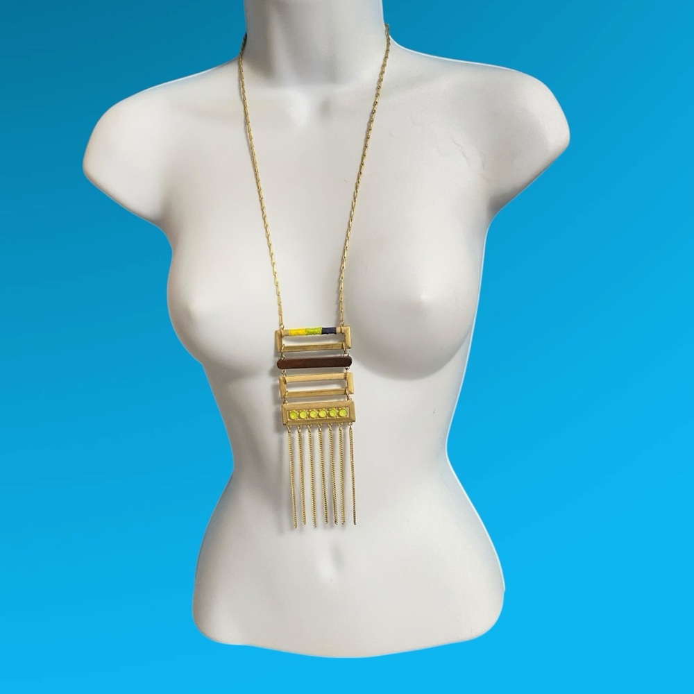 Gold Tone Boho Necklace Long Chain Beads Dangles Wood Bohemian 26"